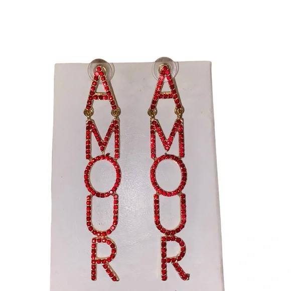 Amour LOVE Red Rhinestone Crystal Gold Long Drop Earrings Valentines Glam - Picture 5 of 8